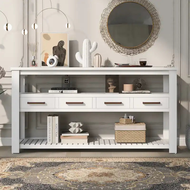 Console vintage noire/bleu marine/blanche avec 4 tiroirs et 2 étagères ouvertes, 1 personne