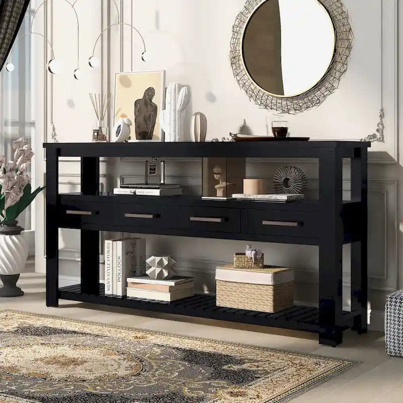 Console vintage noire/bleu marine/blanche avec 4 tiroirs et 2 étagères ouvertes, 1 personne