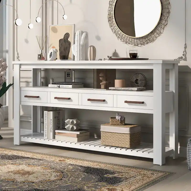 Console vintage noire/bleu marine/blanche avec 4 tiroirs et 2 étagères ouvertes, 1 personne