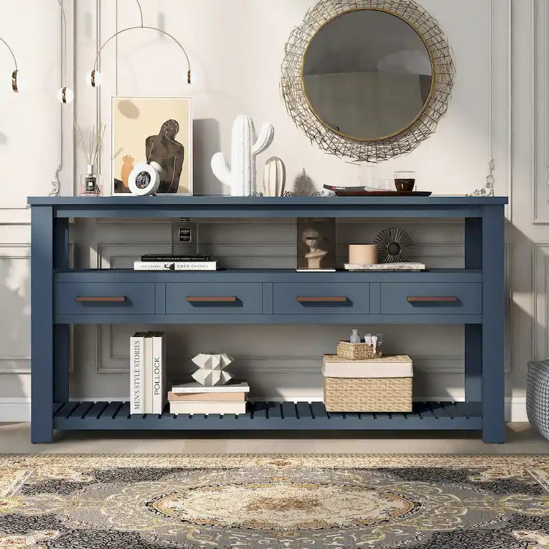 Console vintage noire/bleu marine/blanche avec 4 tiroirs et 2 étagères ouvertes, 1 personne