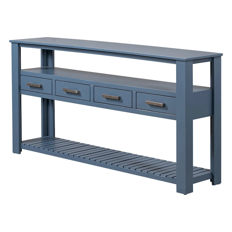 Console vintage noire/bleu marine/blanche avec 4 tiroirs et 2 étagères ouvertes, 1 personne