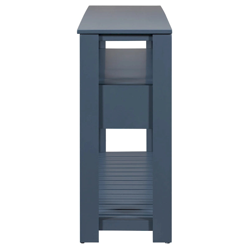 Console vintage noire/bleu marine/blanche avec 4 tiroirs et 2 étagères ouvertes, 1 personne