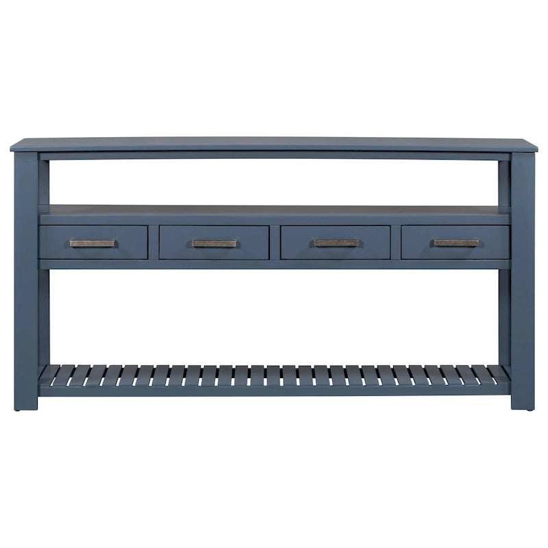 Console vintage noire/bleu marine/blanche avec 4 tiroirs et 2 étagères ouvertes, 1 personne