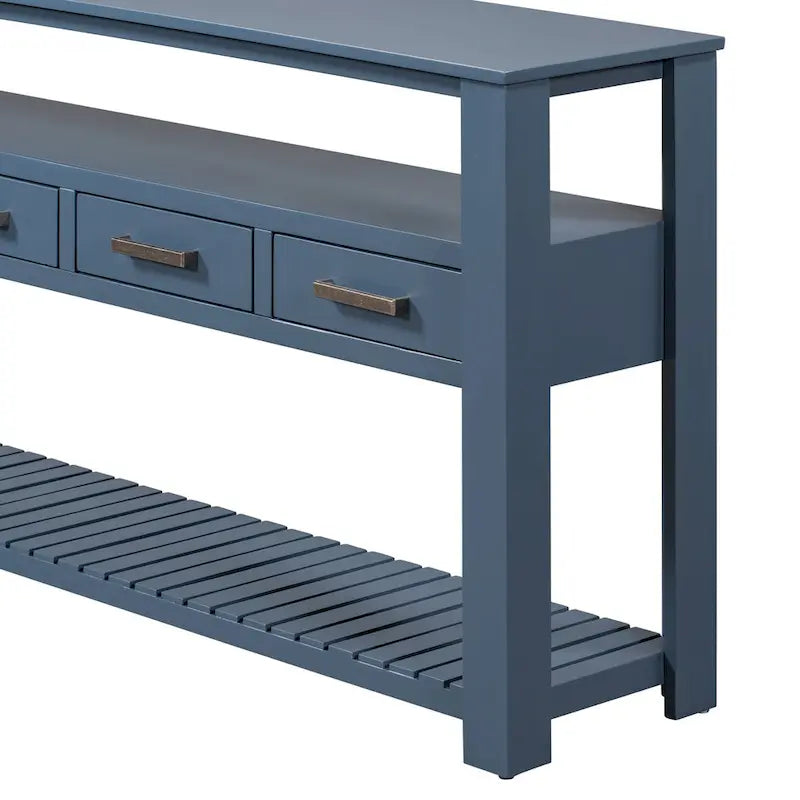 Console vintage noire/bleu marine/blanche avec 4 tiroirs et 2 étagères ouvertes, 1 personne
