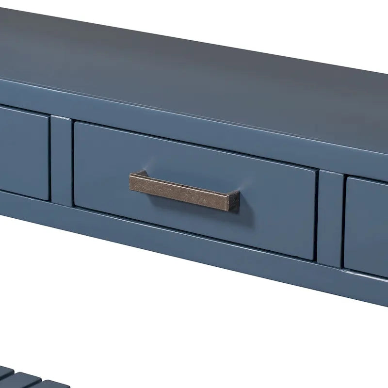 Console vintage noire/bleu marine/blanche avec 4 tiroirs et 2 étagères ouvertes, 1 personne