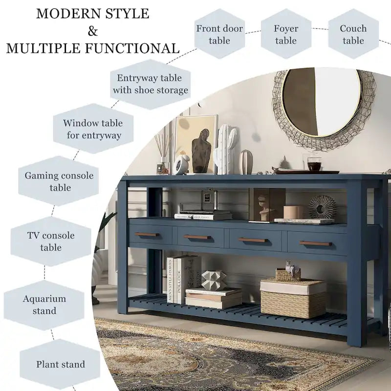 Console vintage noire/bleu marine/blanche avec 4 tiroirs et 2 étagères ouvertes, 1 personne