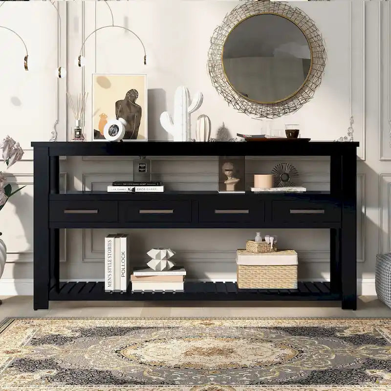 Console vintage noire/bleu marine/blanche avec 4 tiroirs et 2 étagères ouvertes, 1 personne