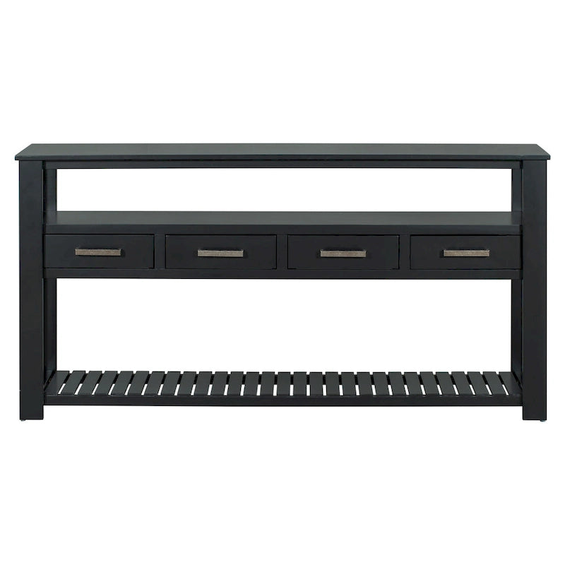 Console vintage noire/bleu marine/blanche avec 4 tiroirs et 2 étagères ouvertes, 1 personne