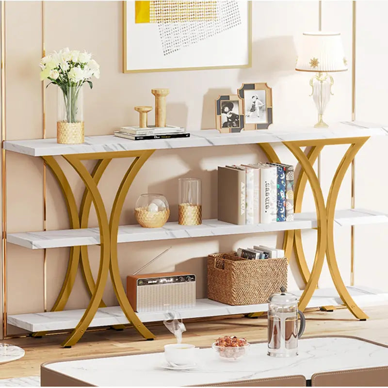 Table console industrielle étroite Marron / Gris / Or / Blanc-Marron / Tout gris avec cadre en métal en X et 3 étagères, 180 cm