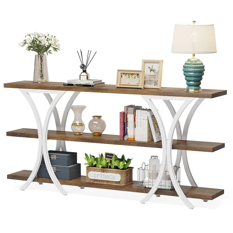 Table console industrielle étroite Marron / Gris / Or / Blanc-Marron / Tout gris avec cadre en métal en X et 3 étagères, 180 cm