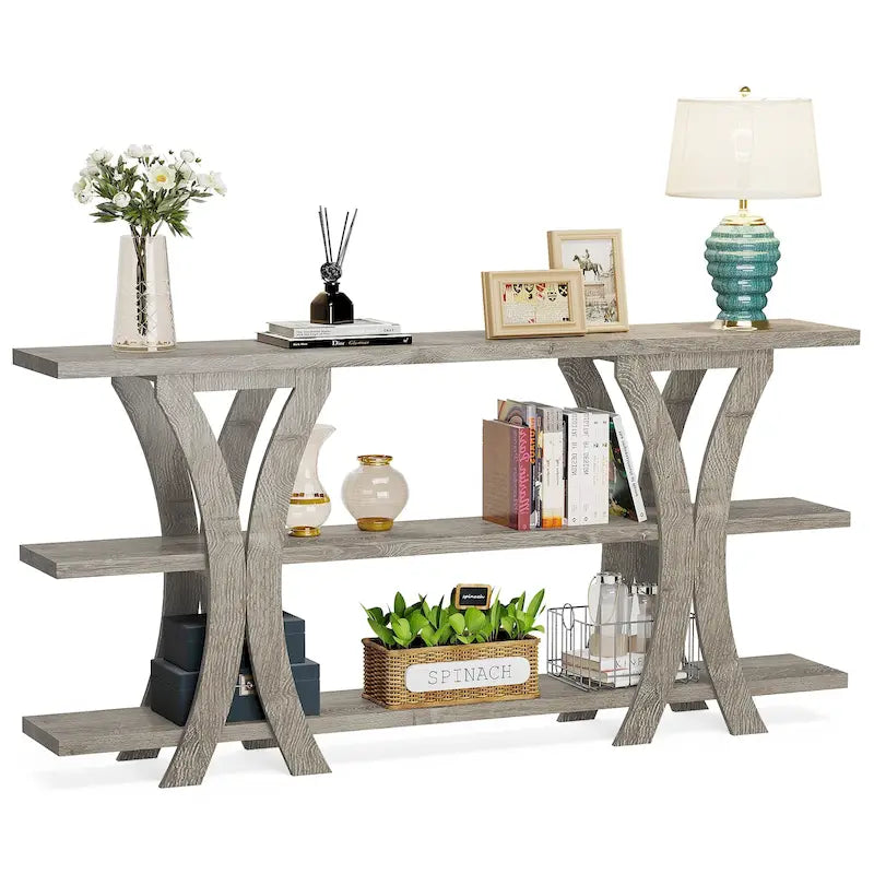 Table console industrielle étroite Marron / Gris / Or / Blanc-Marron / Tout gris avec cadre en métal en X et 3 étagères, 180 cm