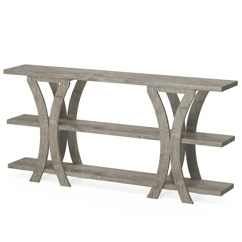 Table console industrielle étroite Marron / Gris / Or / Blanc-Marron / Tout gris avec cadre en métal en X et 3 étagères, 180 cm