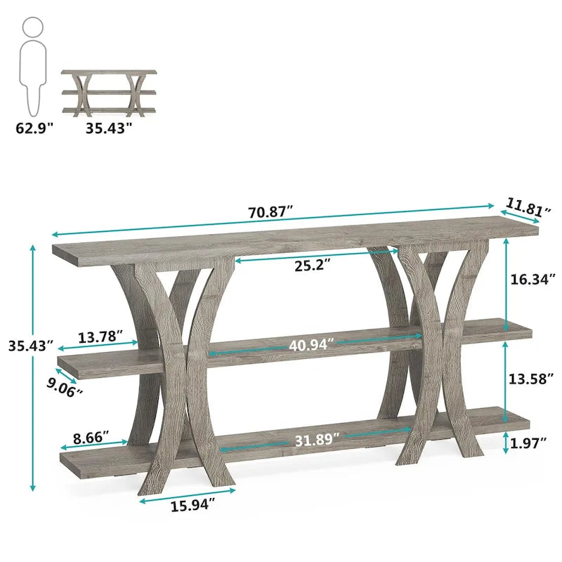 Table console industrielle étroite Marron / Gris / Or / Blanc-Marron / Tout gris avec cadre en métal en X et 3 étagères, 180 cm