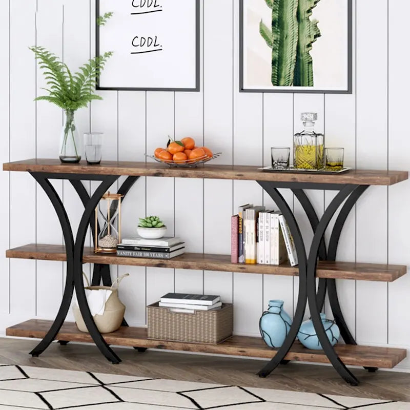 Table console industrielle étroite Marron / Gris / Or / Blanc-Marron / Tout gris avec cadre en métal en X et 3 étagères, 180 cm
