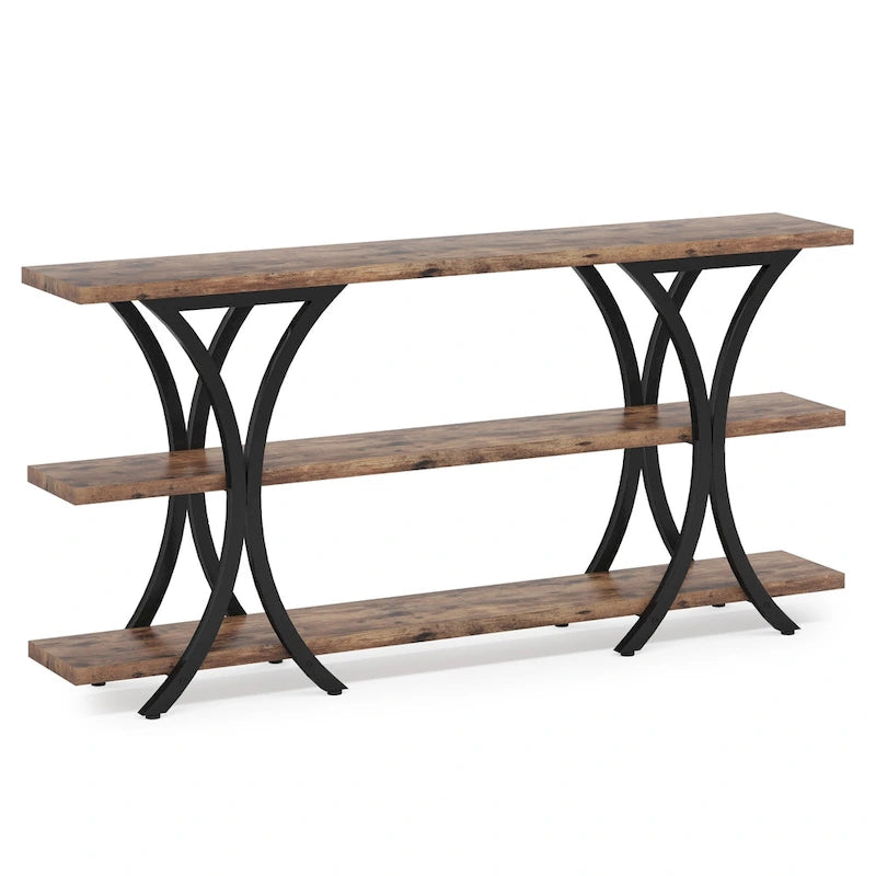 Table console industrielle étroite Marron / Gris / Or / Blanc-Marron / Tout gris avec cadre en métal en X et 3 étagères, 180 cm