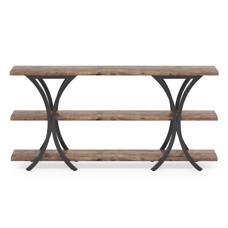 Table console industrielle étroite Marron / Gris / Or / Blanc-Marron / Tout gris avec cadre en métal en X et 3 étagères, 180 cm