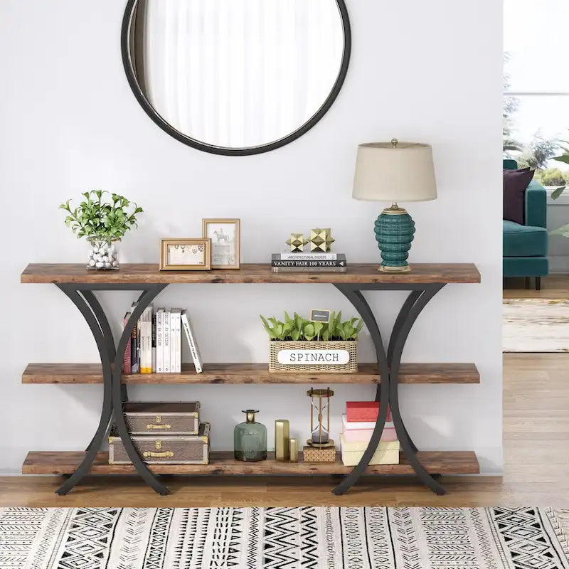 Table console industrielle étroite Marron / Gris / Or / Blanc-Marron / Tout gris avec cadre en métal en X et 3 étagères, 180 cm
