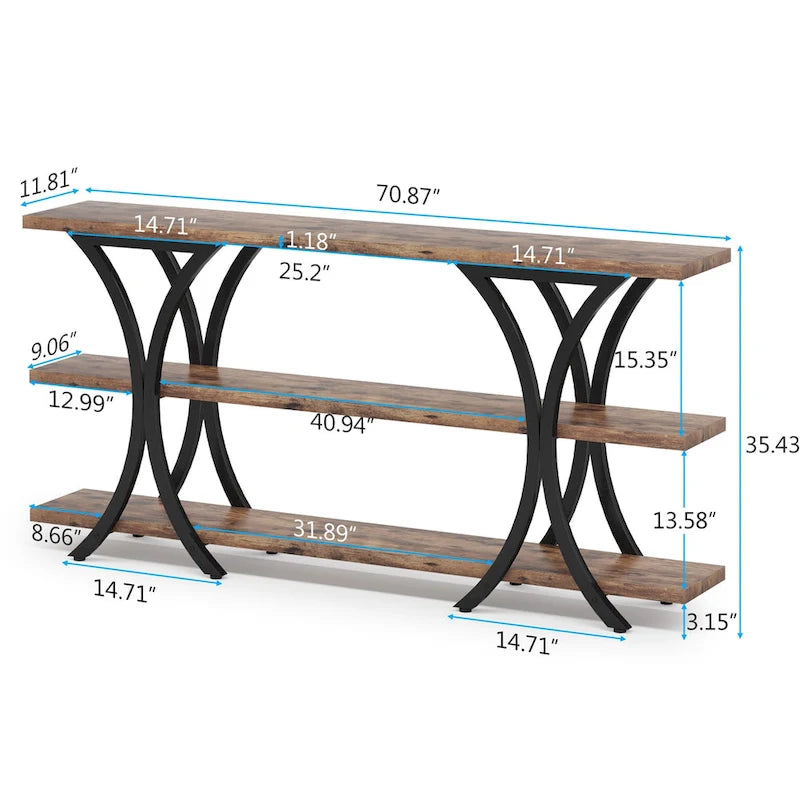 Table console industrielle étroite Marron / Gris / Or / Blanc-Marron / Tout gris avec cadre en métal en X et 3 étagères, 180 cm