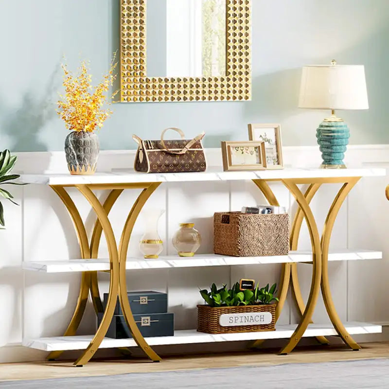 Table console industrielle étroite Marron / Gris / Or / Blanc-Marron / Tout gris avec cadre en métal en X et 3 étagères, 180 cm