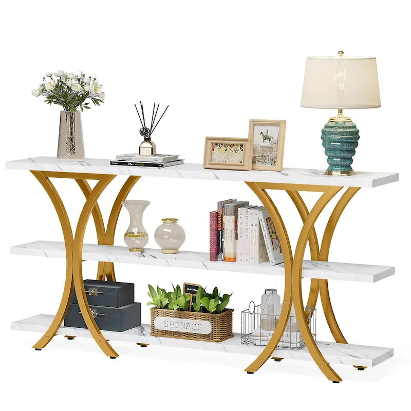 Table console industrielle étroite Marron / Gris / Or / Blanc-Marron / Tout gris avec cadre en métal en X et 3 étagères, 180 cm