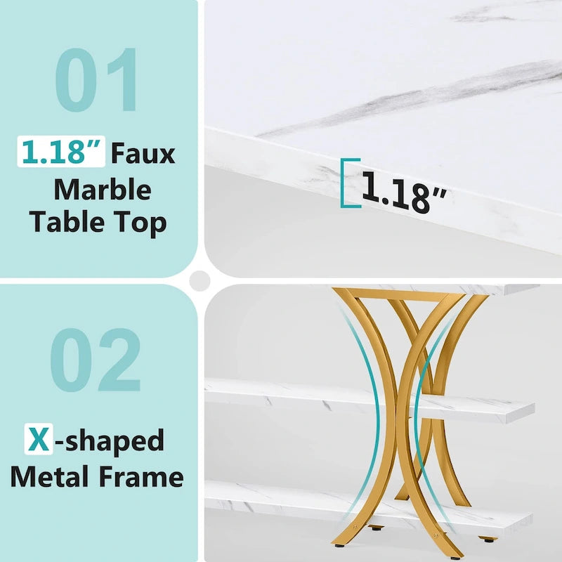 Table console industrielle étroite Marron / Gris / Or / Blanc-Marron / Tout gris avec cadre en métal en X et 3 étagères, 180 cm