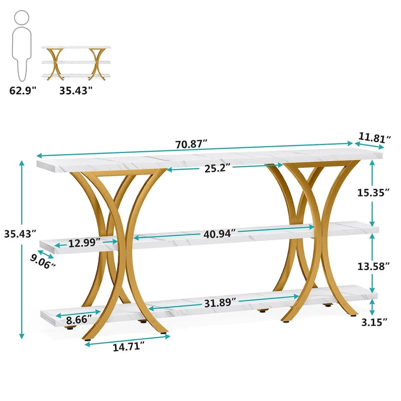 Table console industrielle étroite Marron / Gris / Or / Blanc-Marron / Tout gris avec cadre en métal en X et 3 étagères, 180 cm