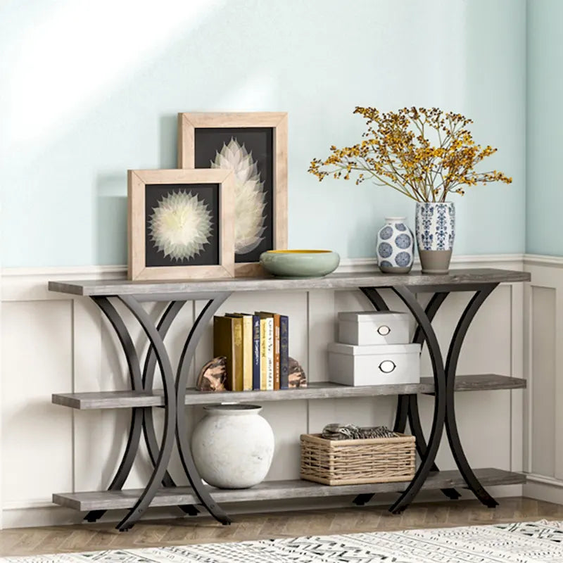 Table console industrielle étroite Marron / Gris / Or / Blanc-Marron / Tout gris avec cadre en métal en X et 3 étagères, 180 cm