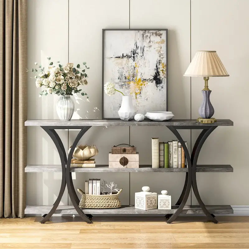 Table console industrielle étroite Marron / Gris / Or / Blanc-Marron / Tout gris avec cadre en métal en X et 3 étagères, 180 cm