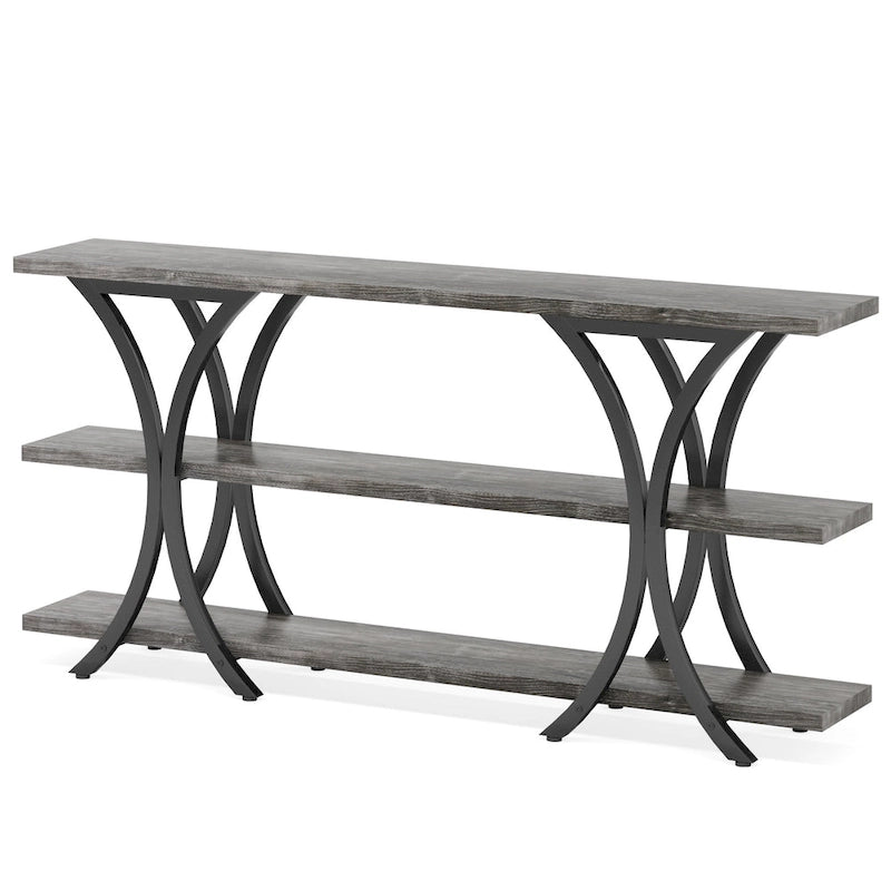 Table console industrielle étroite Marron / Gris / Or / Blanc-Marron / Tout gris avec cadre en métal en X et 3 étagères, 180 cm