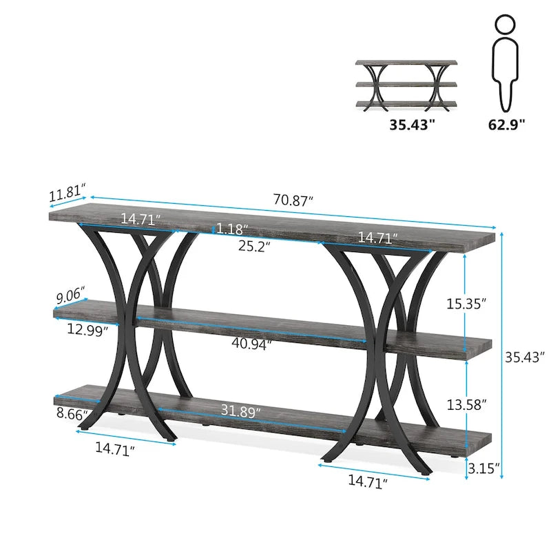 Table console industrielle étroite Marron / Gris / Or / Blanc-Marron / Tout gris avec cadre en métal en X et 3 étagères, 180 cm