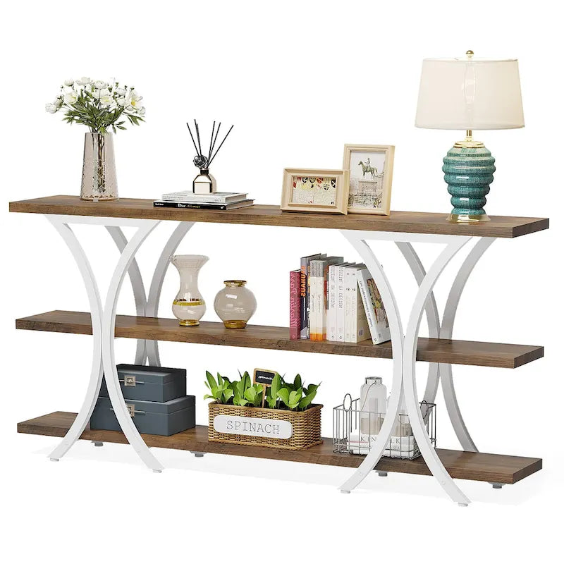 Table console industrielle étroite Marron / Gris / Or / Blanc-Marron / Tout gris avec cadre en métal en X et 3 étagères, 180 cm