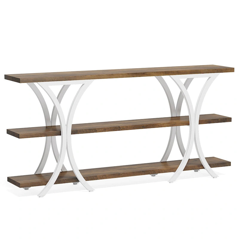 Table console industrielle étroite Marron / Gris / Or / Blanc-Marron / Tout gris avec cadre en métal en X et 3 étagères, 180 cm