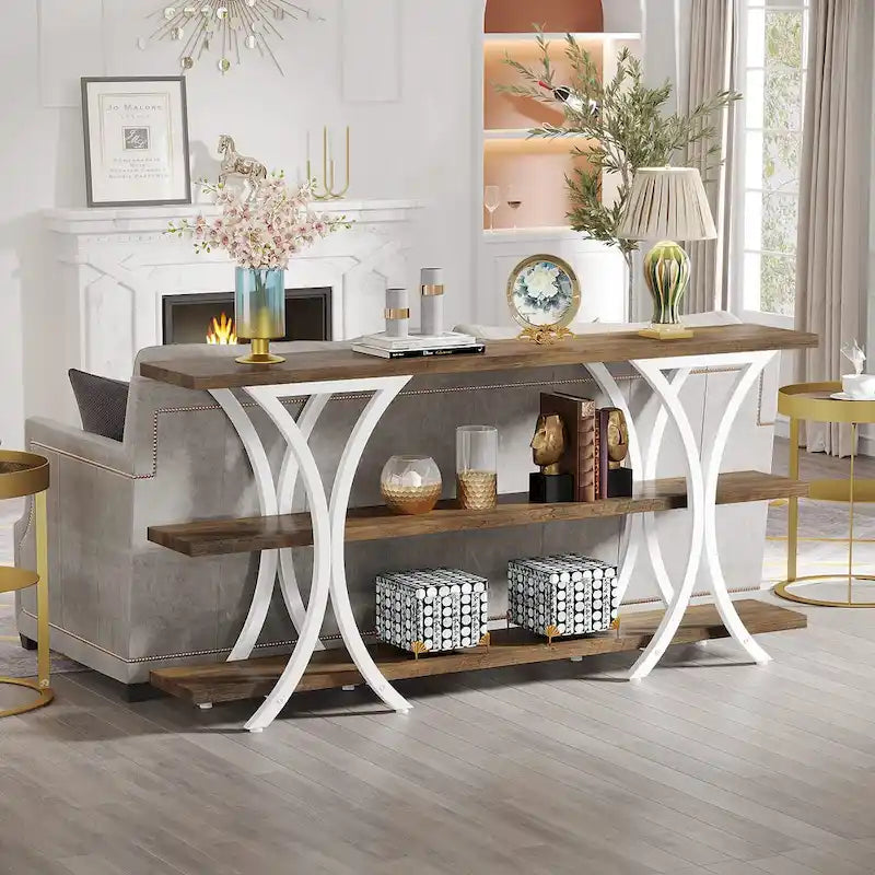 Table console industrielle étroite Marron / Gris / Or / Blanc-Marron / Tout gris avec cadre en métal en X et 3 étagères, 180 cm