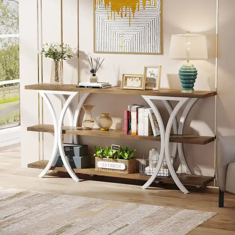 Table console industrielle étroite Marron / Gris / Or / Blanc-Marron / Tout gris avec cadre en métal en X et 3 étagères, 180 cm