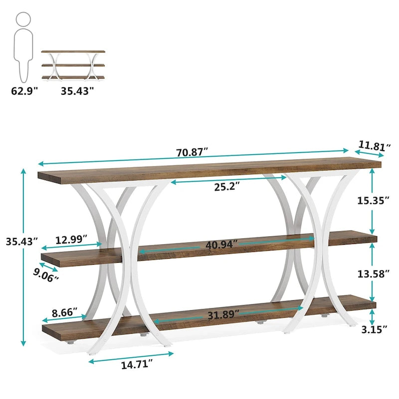Table console industrielle étroite Marron / Gris / Or / Blanc-Marron / Tout gris avec cadre en métal en X et 3 étagères, 180 cm