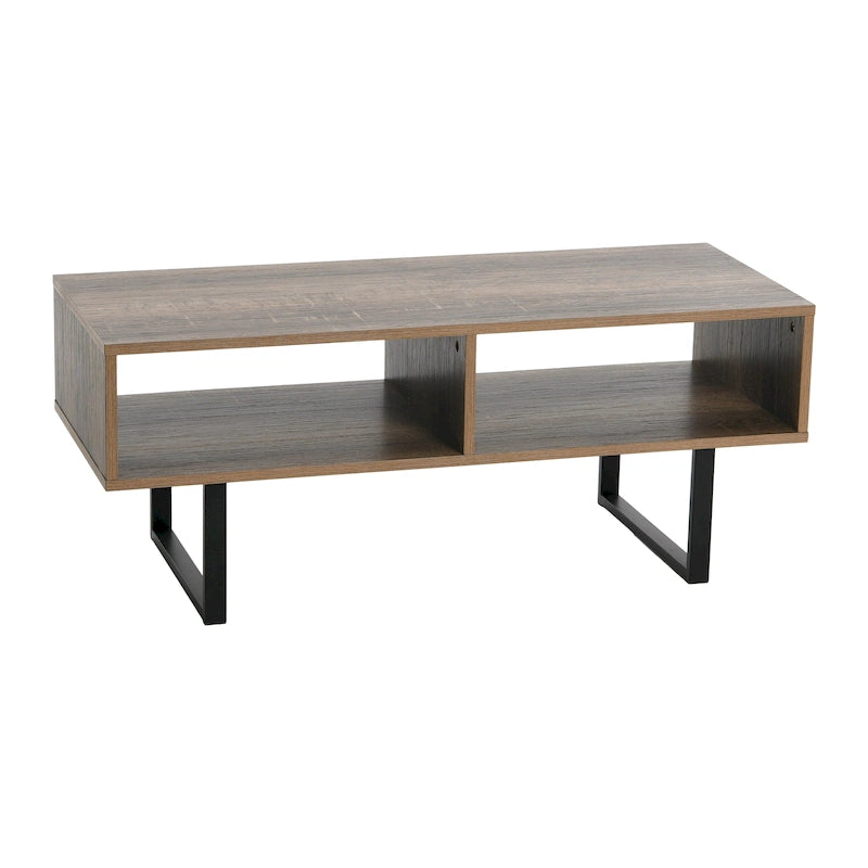 Table basse moderne 39,25 pouces en chêne côtier / ardoise / noir / frêne avec 2 compartiments de rangement ouverts et pieds en acier