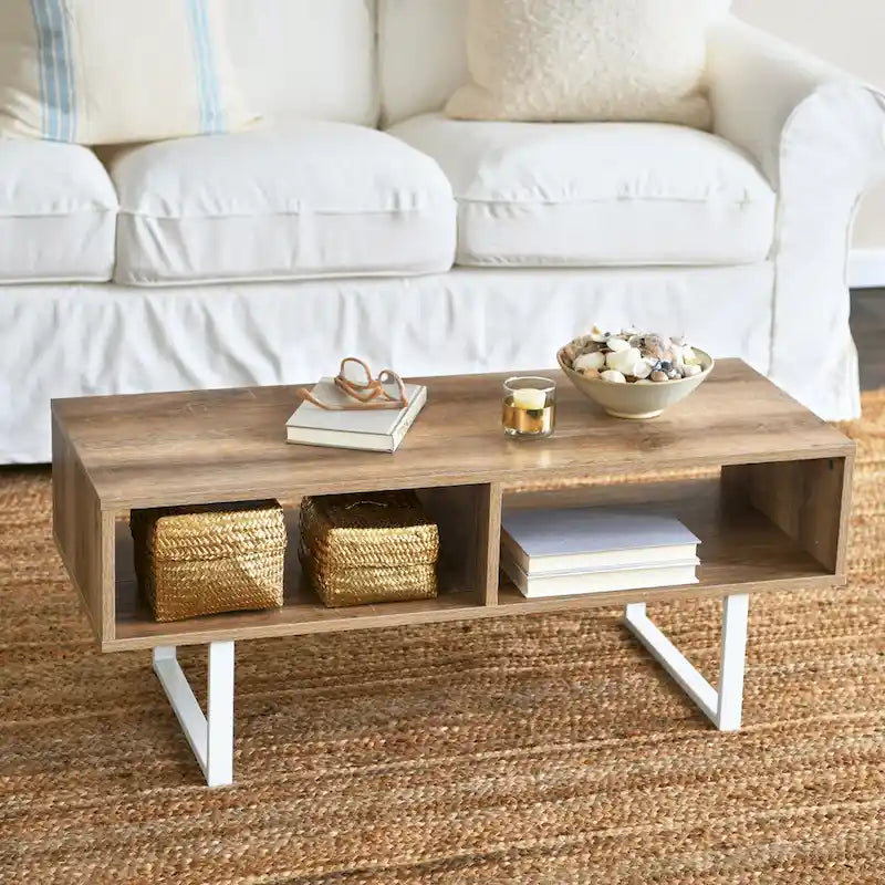 Table basse moderne 39,25 pouces en chêne côtier / ardoise / noir / frêne avec 2 compartiments de rangement ouverts et pieds en acier