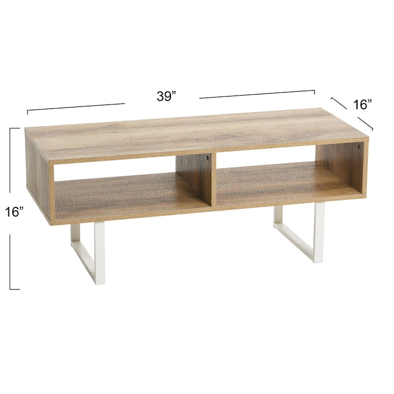 Table basse moderne 39,25 pouces en chêne côtier / ardoise / noir / frêne avec 2 compartiments de rangement ouverts et pieds en acier