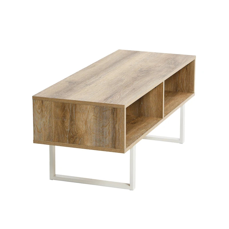 Table basse moderne 39,25 pouces en chêne côtier / ardoise / noir / frêne avec 2 compartiments de rangement ouverts et pieds en acier
