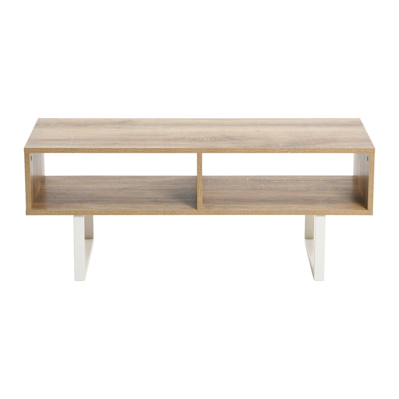 Table basse moderne 39,25 pouces en chêne côtier / ardoise / noir / frêne avec 2 compartiments de rangement ouverts et pieds en acier