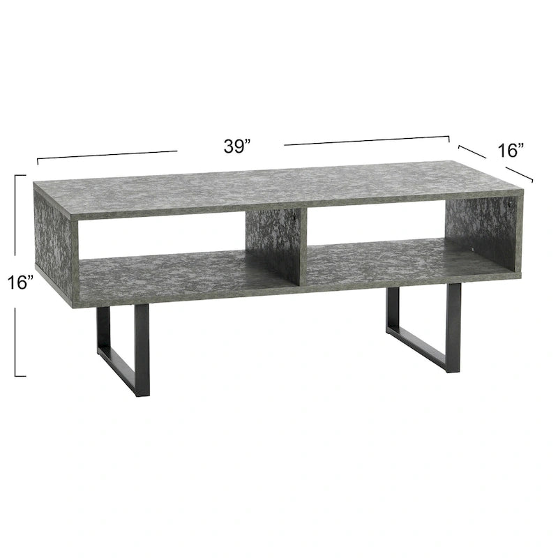Table basse moderne 39,25 pouces en chêne côtier / ardoise / noir / frêne avec 2 compartiments de rangement ouverts et pieds en acier
