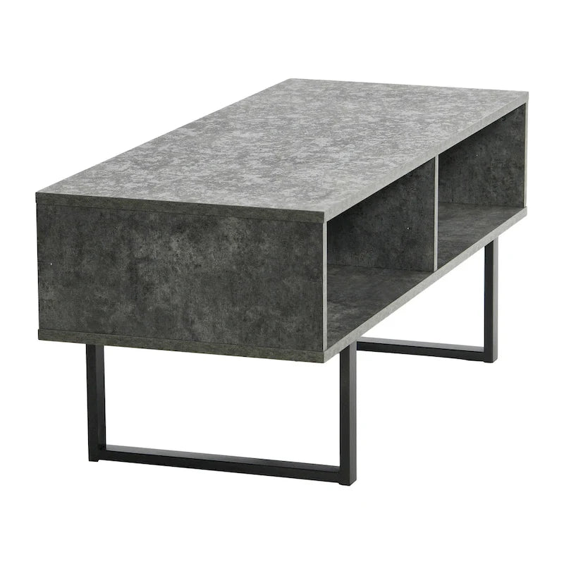 Table basse moderne 39,25 pouces en chêne côtier / ardoise / noir / frêne avec 2 compartiments de rangement ouverts et pieds en acier
