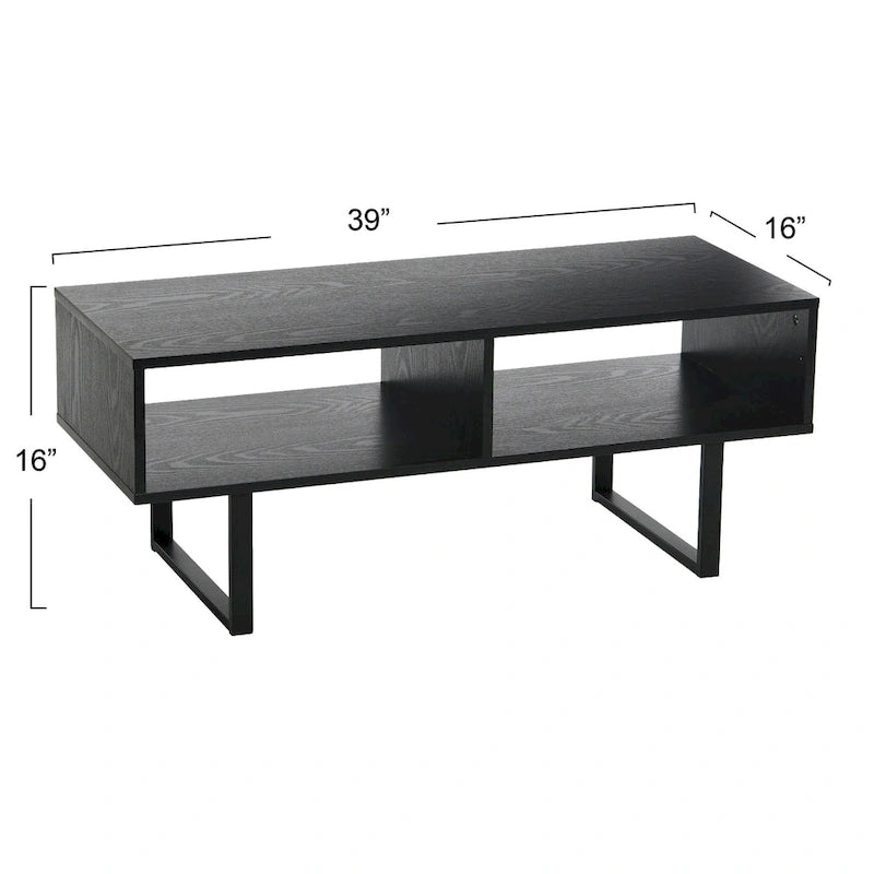 Table basse moderne 39,25 pouces en chêne côtier / ardoise / noir / frêne avec 2 compartiments de rangement ouverts et pieds en acier