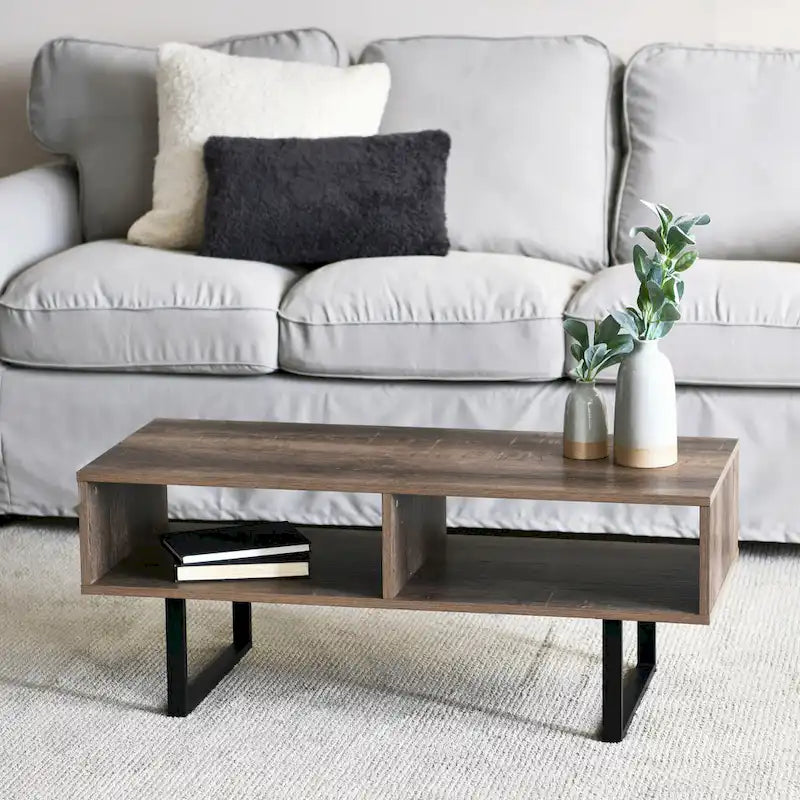 Table basse moderne 39,25 pouces en chêne côtier / ardoise / noir / frêne avec 2 compartiments de rangement ouverts et pieds en acier