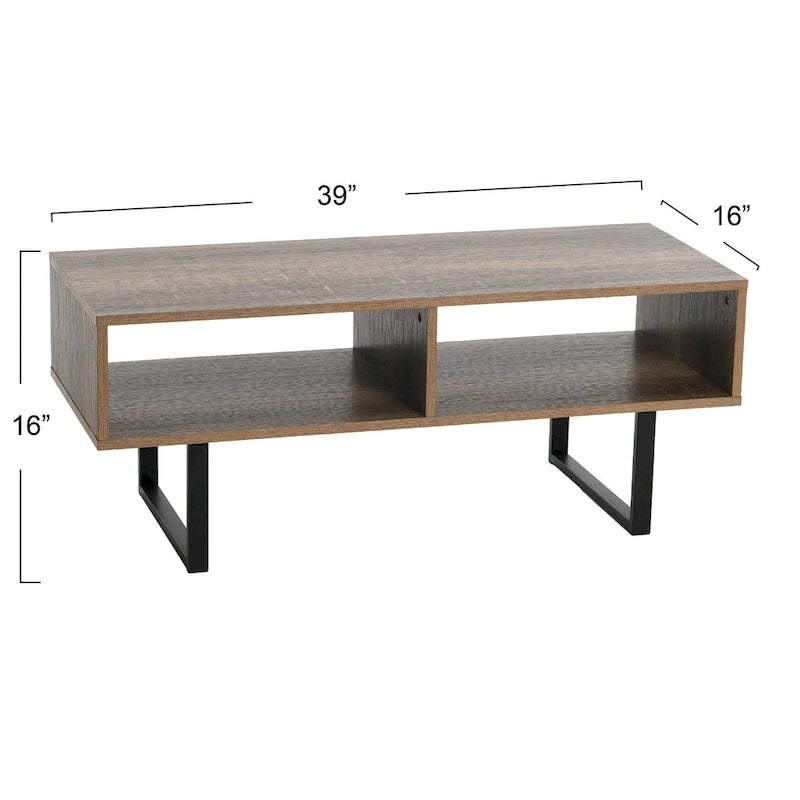 Table basse moderne 39,25 pouces en chêne côtier / ardoise / noir / frêne avec 2 compartiments de rangement ouverts et pieds en acier