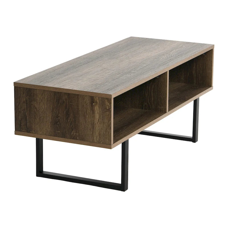 Table basse moderne 39,25 pouces en chêne côtier / ardoise / noir / frêne avec 2 compartiments de rangement ouverts et pieds en acier