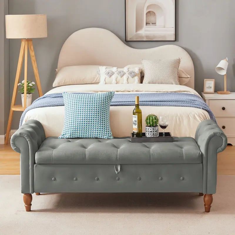 Banc ottoman de rangement capitonné gris/beige avec accoudoirs arrondis, style contemporain, 1 personne