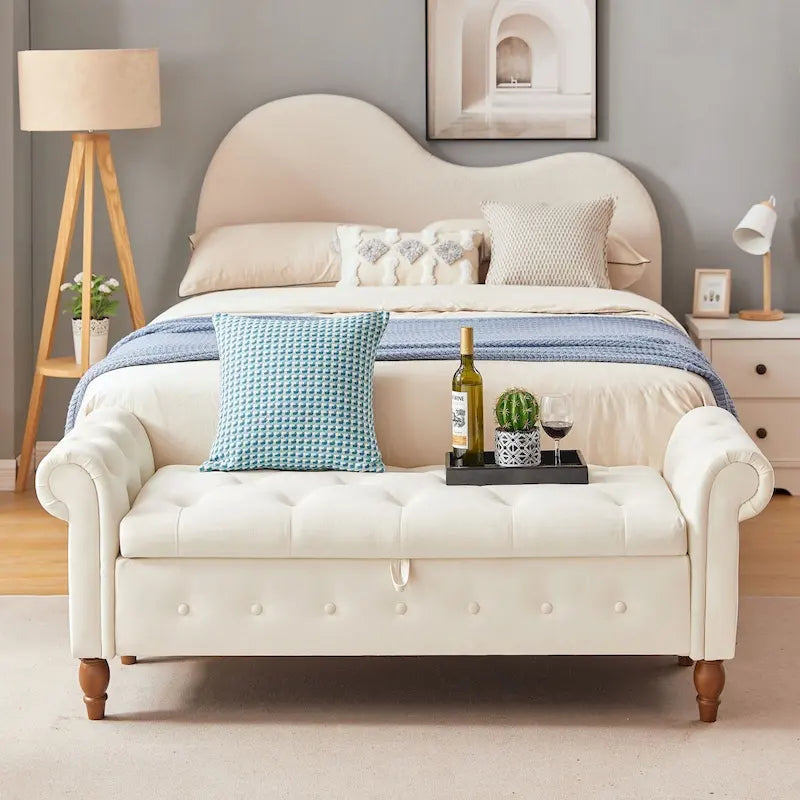 Banc ottoman de rangement capitonné gris/beige avec accoudoirs arrondis, style contemporain, 1 personne