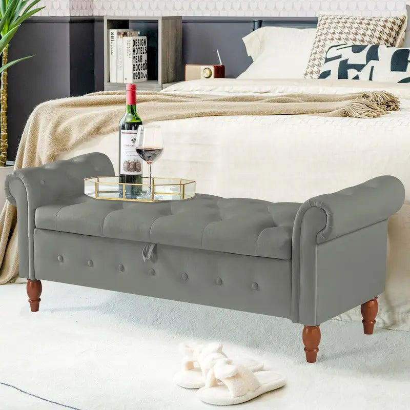 Banc ottoman de rangement capitonné gris/beige avec accoudoirs arrondis, style contemporain, 1 personne