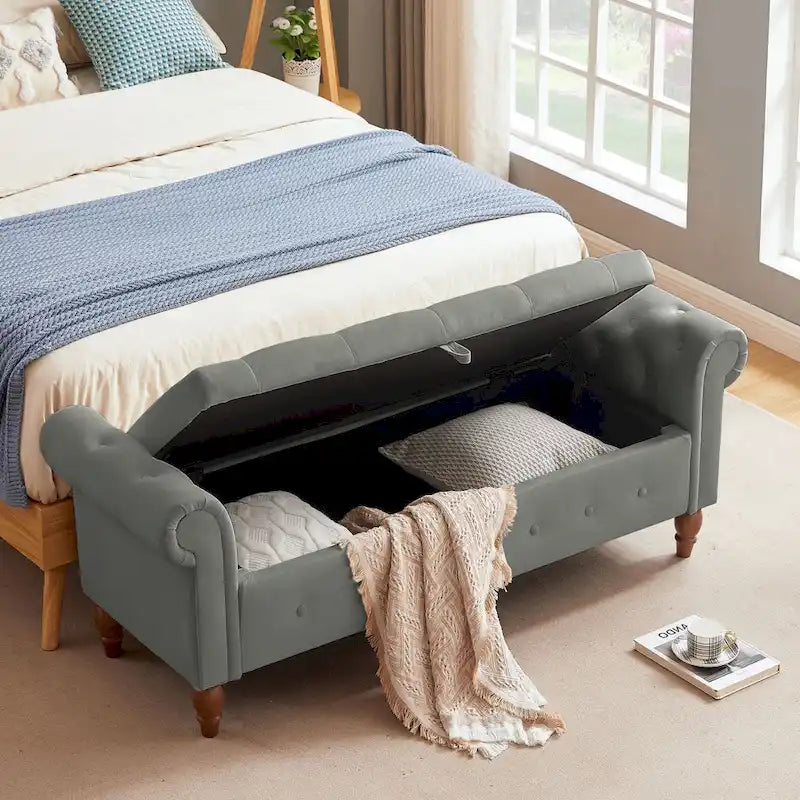 Banc ottoman de rangement capitonné gris/beige avec accoudoirs arrondis, style contemporain, 1 personne